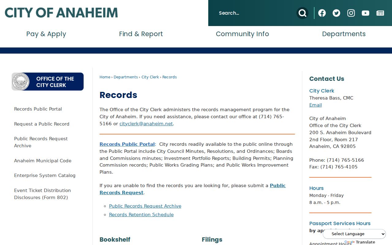Anaheim residents directory City Clerk records portal