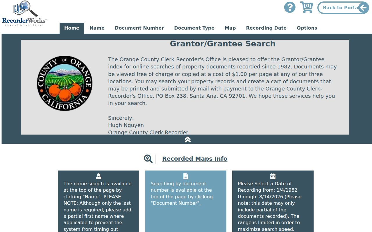 Anaheim previous residents Orange County grantor grantee index